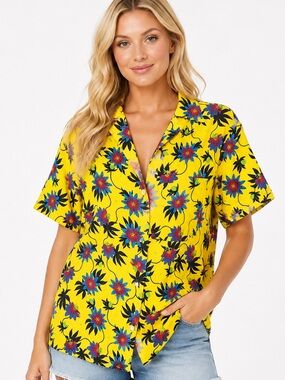NWT Lhd 100% Silk Size XS Oversized Yellow Floral Button-Front Women's Shirt